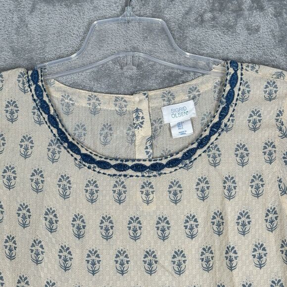 Sigrid Olsen Shirt Womens Small Blue Cream Baroque‎ Print Babydoll Boho Peasant - Picture 4 of 9